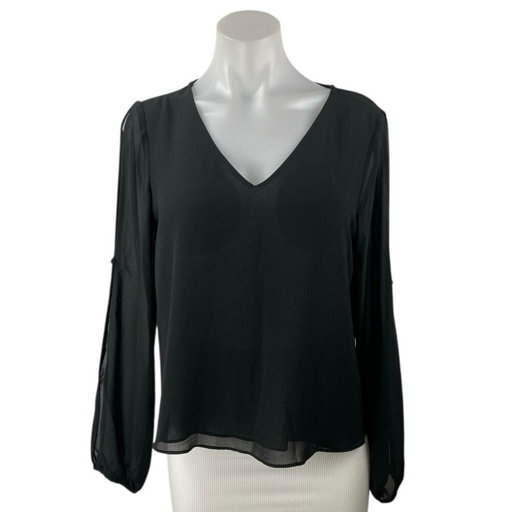 Naked Zebra Women's Black Long Sleeve V Neck Sheer Back Shirt Blouse Top Size M